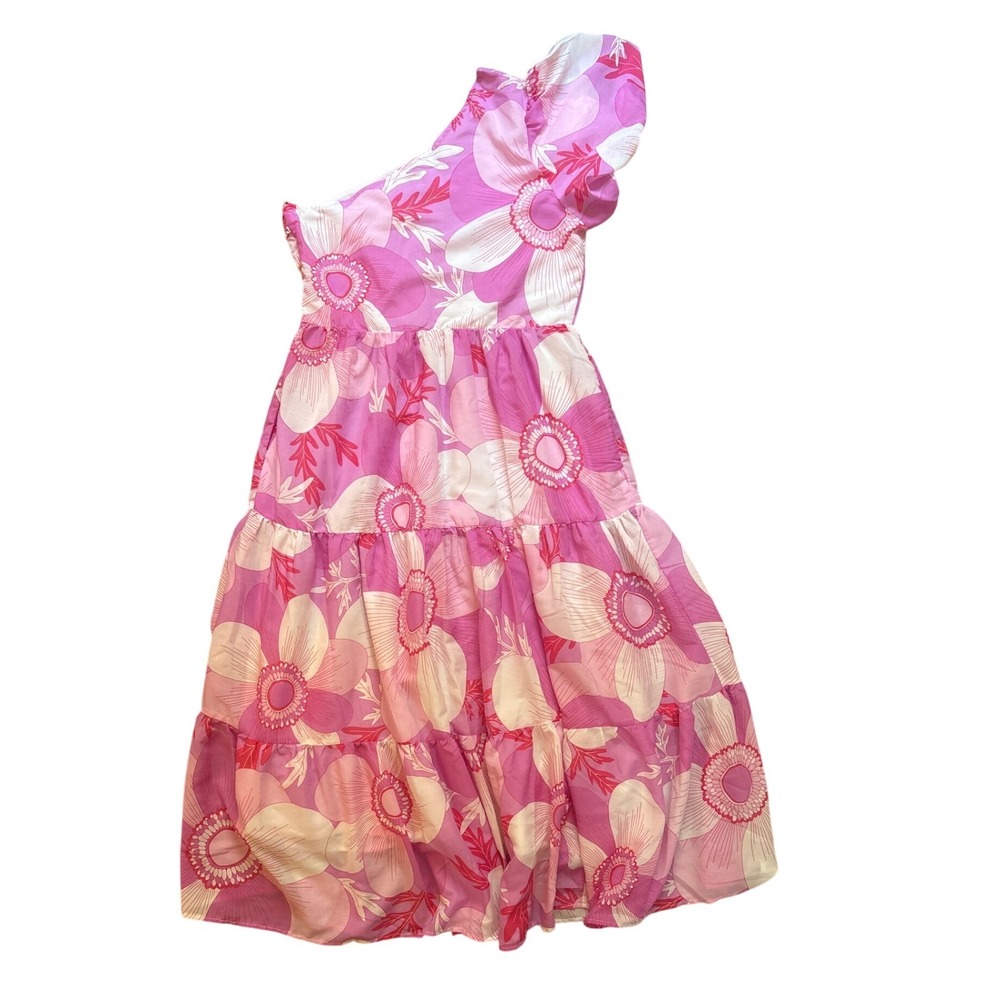 J.Marie One Shoulder Floral Maxi Dress Pink White Tiered SIZE M - Picture 7 of 7